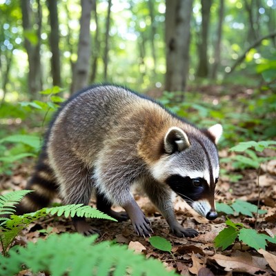 Raccoon foraging in forest