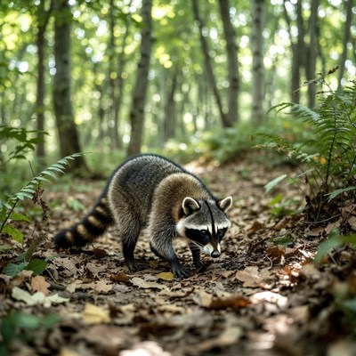 Raccoon walking forest trail