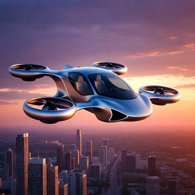 Futuristic Flying Car Over City Sunset