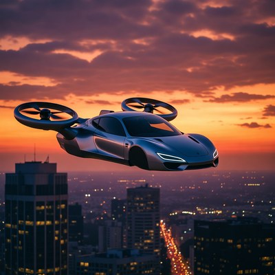 Futuristic Flying Car Over City