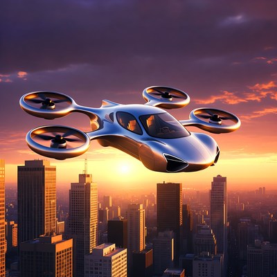 Futuristic Flying Car Over City Sunset