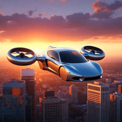 Futuristic Flying Car over City Sunset