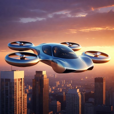 Futuristic Flying Car over City Sunset