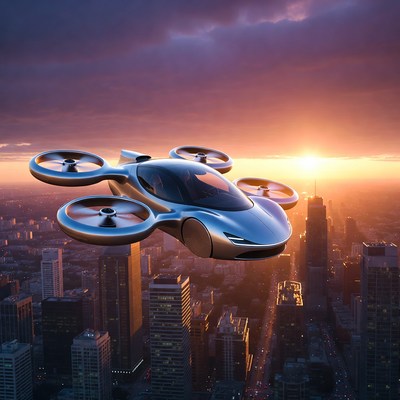 Futuristic Flying Car Over City Sunset
