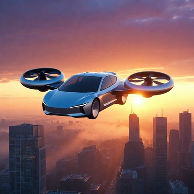 Futuristic Flying Car over City Sunset