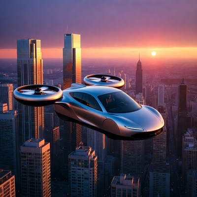 Flying Car Over Futuristic City Skyline