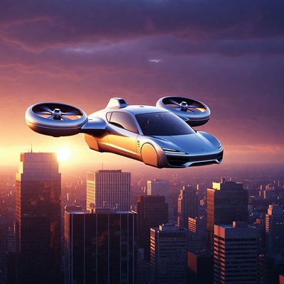 Futuristic Flying Car over City Sunset