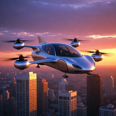 Futuristic Flying Car Over City Sunset