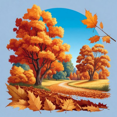 Autumn Trees Path with Falling Leaves