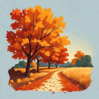 Autumn Trees Path in Field