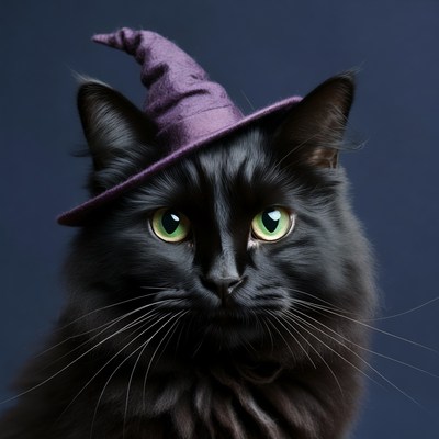 Black cat wearing purple witch hat
