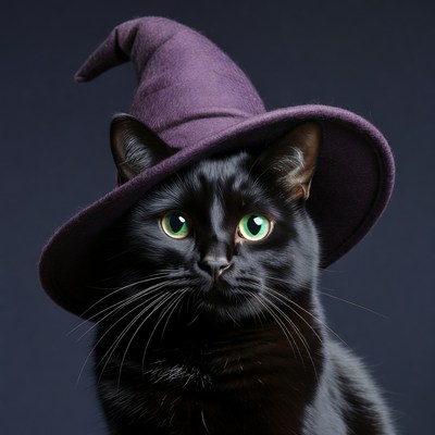 Black cat wearing purple witch hat