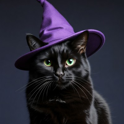 Black cat wearing purple witch hat