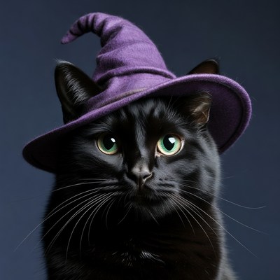 Black cat wearing purple witch hat