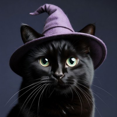 Black cat wearing purple witch hat