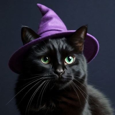 Black cat wearing purple witch hat