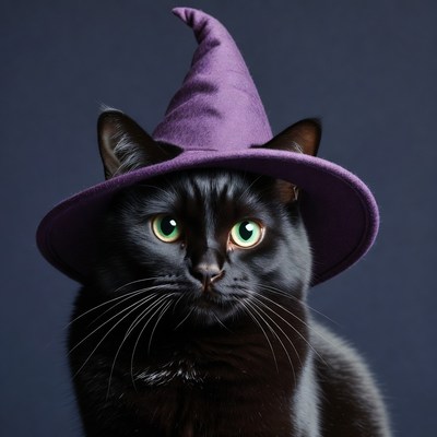 Black cat wearing purple witch hat