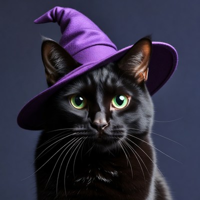 Black cat wearing purple witch hat