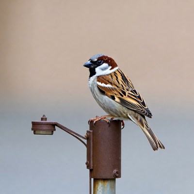 House sparrow perched on rusty pole