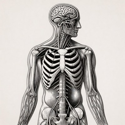 Human anatomical illustration with brain and nerves
