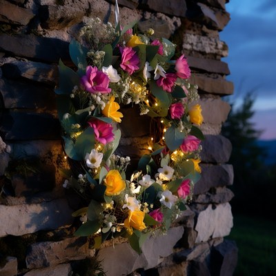 Colorful Floral Wreath on Stone Wall