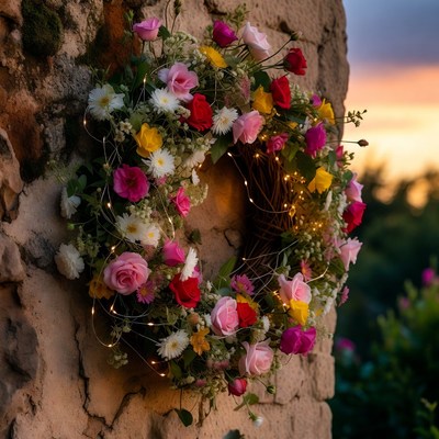 Colorful Flower Wreath on Stone Wall