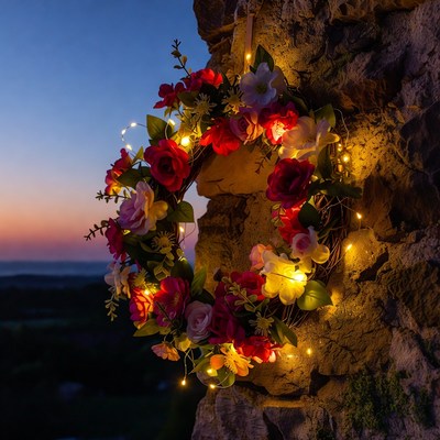 Lit Flower Wreath on Stone Wall