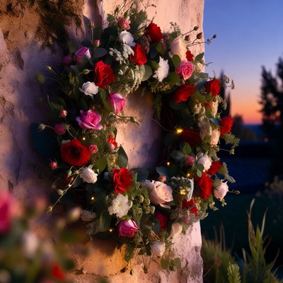 Flower Wreath on Wall at Sunset