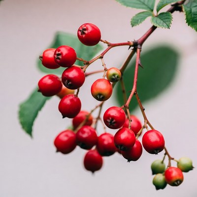 Red berries on green leaves branch
