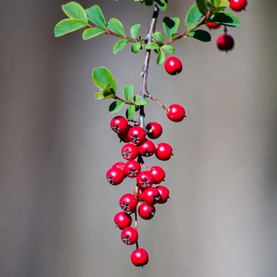 Red Berries on Green Leaves Branch