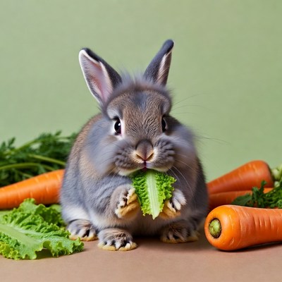 Cute bunny eating carrot greens