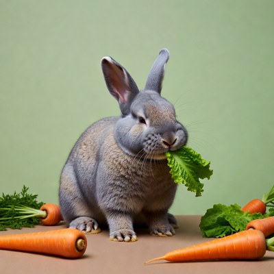 Gray rabbit eating lettuce with carrots