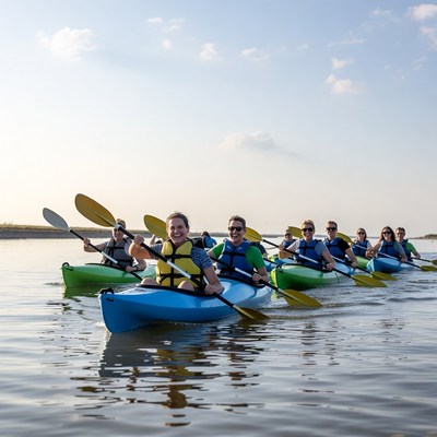 Group kayaking on calm river