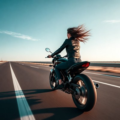 Woman riding motorcycle on highway