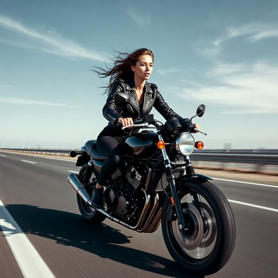 Woman riding black motorcycle on bridge