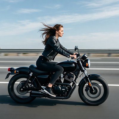 Woman riding black motorcycle on highway