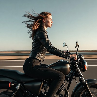 Woman riding motorcycle on highway