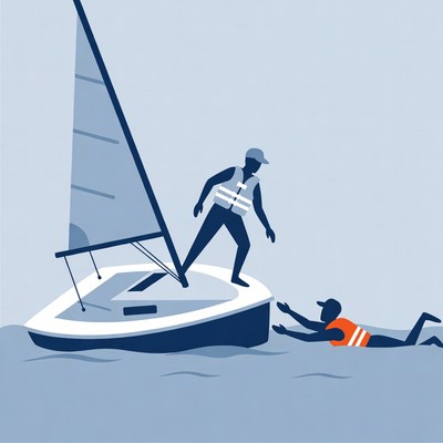 Man rescuing swimmer from sailboat
