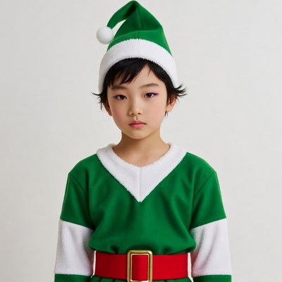 Asian boy in green elf costume