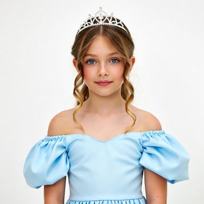 Girl wearing sparkling crown and blue dress