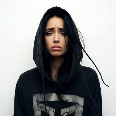 Sad woman in black hoodie