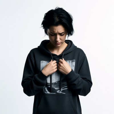 Woman in black hoodie looking down