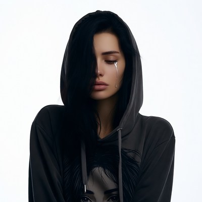 Woman crying in black hoodie