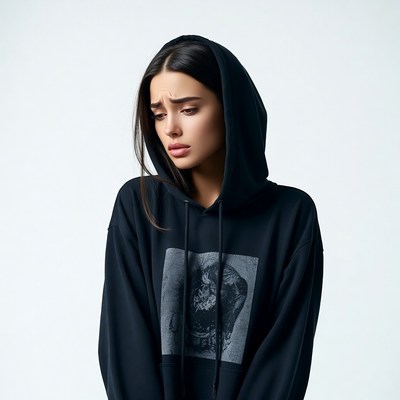 Woman in black hoodie with skull print