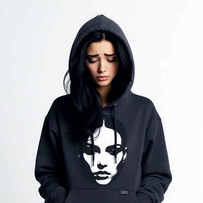 Sad woman in black hoodie