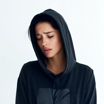 Sad woman in black hoodie