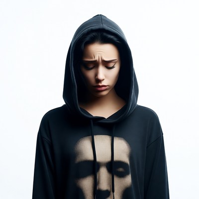 Woman in black hoodie with skull print