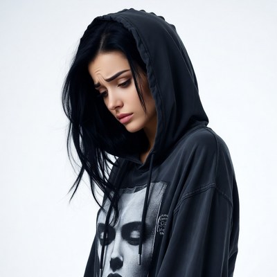 Woman in black hoodie with sad expression