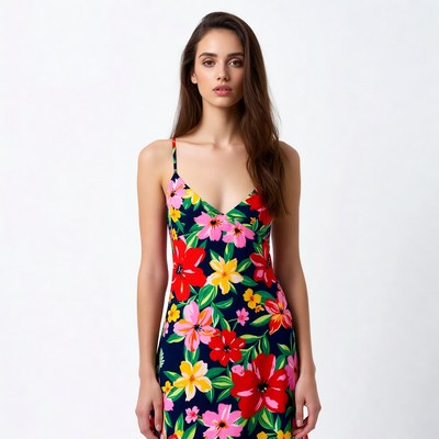 Woman in colorful floral dress