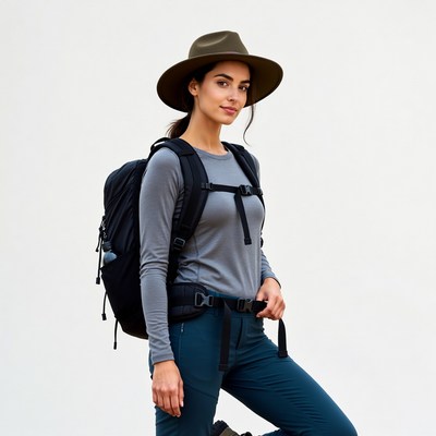 Woman in fedora hat with backpack